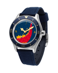 Daruma Nekozilla automatic watch with red Daruma art dial on navy strap