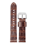 22mm brown alligator-pattern leather watch strap with beige stitching and silver buckle