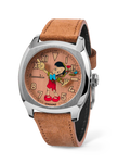 UNDONE Disney Pinocchio Terra GMT automatic watch with illustrated dial on tan leather strap