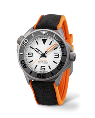 AquaLume titanium dive watch with white lume dial on black and orange rubber strap
