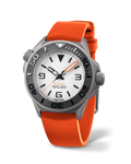 AquaLume Orange titanium dive watch with white lume dial on orange rubber strap