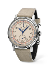 Vintage Killy chronograph with cream dial and blue hands on beige suede strap