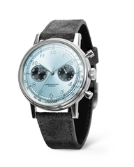 Vintage Arctic Blue chronograph with icy blue dial on black leather strap