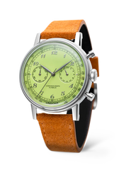 Vintage Pistachio Crisp chronograph with pistachio green dial on orange leather strap