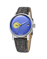 Urban 37 Orson watch with dark blue dial and yellow sub-dial on grey fabric strap, angled view
