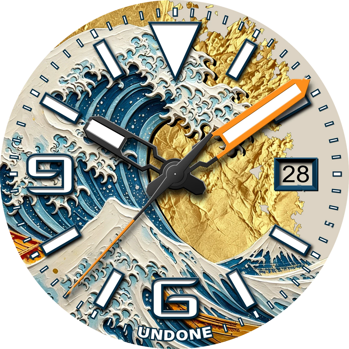 Third proof: the finished dial, with the cream date wheel, blue applied indices and hands