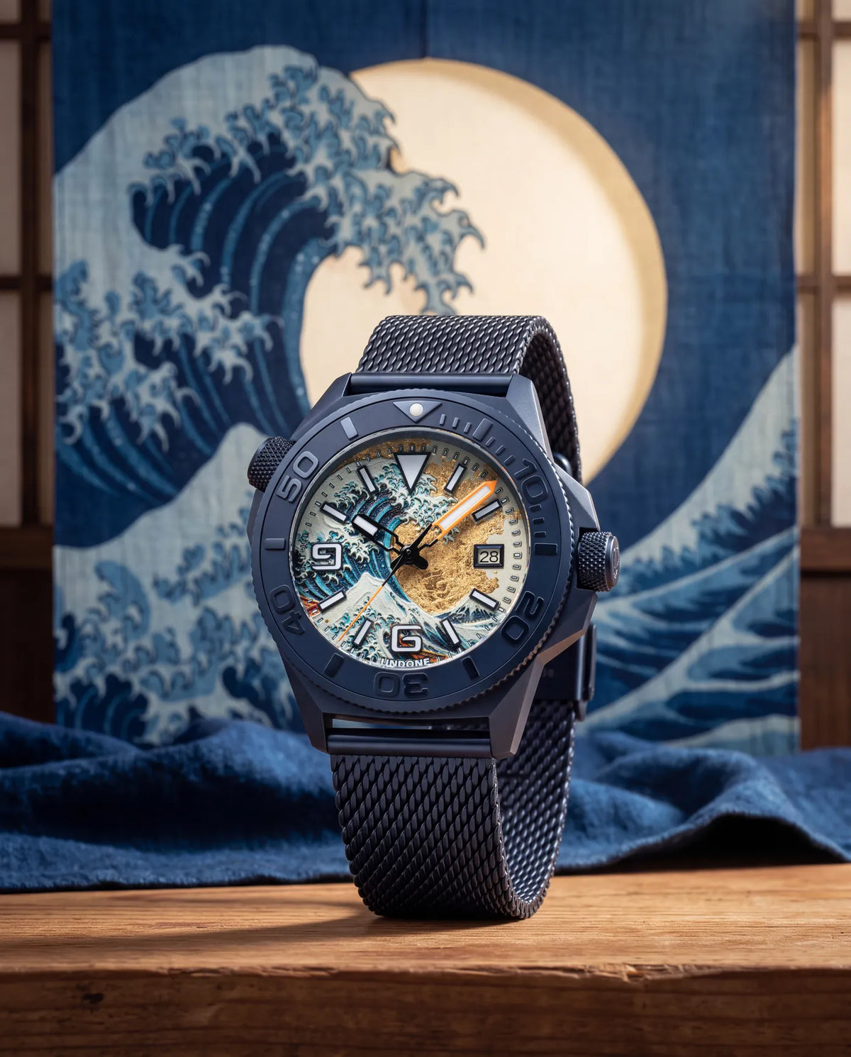 Before an indigo cloth dyed with the Great Wave