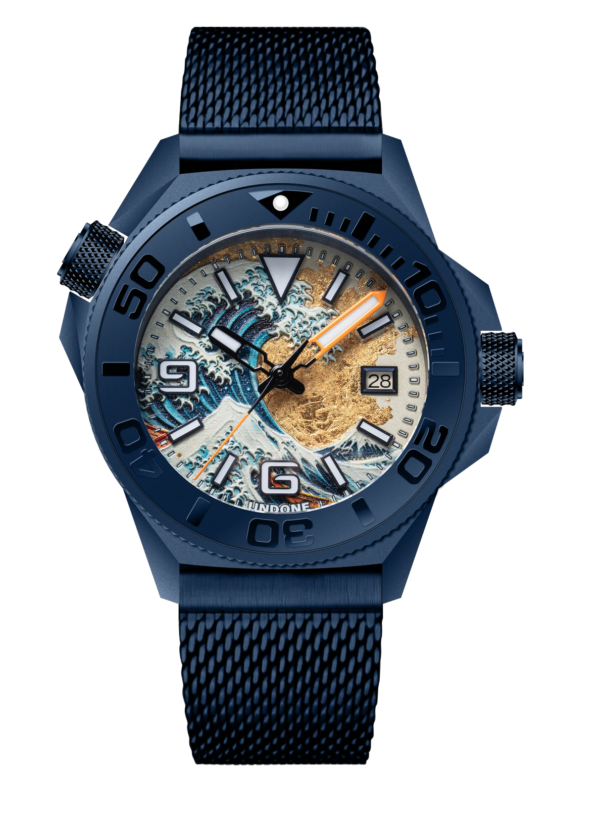 UNDONE Hokusai II: IP Blue case and ceramic dive bezel, cream dial with the Great Wave in relief over hand-applied gold leaf, orange minute hand, blue Milanese mesh strap