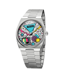 The Slim No Signal 4.9mm watch with colourful TV static and colour-bar dial on steel bracelet