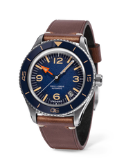 Basecamp Classic Blue automatic watch with blue dial and bezel on brown leather strap